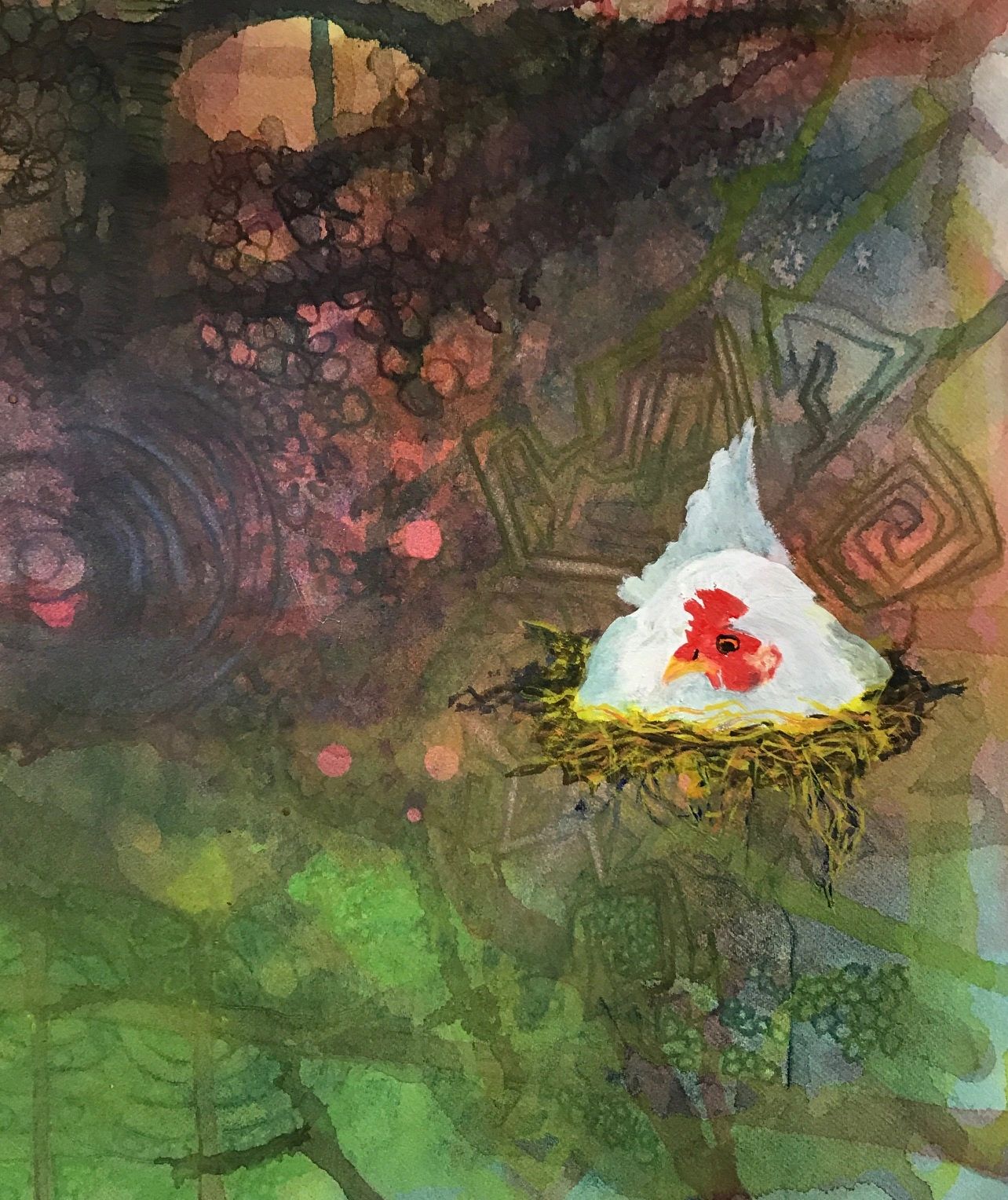 A chicken is sitting on a nest.  the background is abstract with light coming through, green below