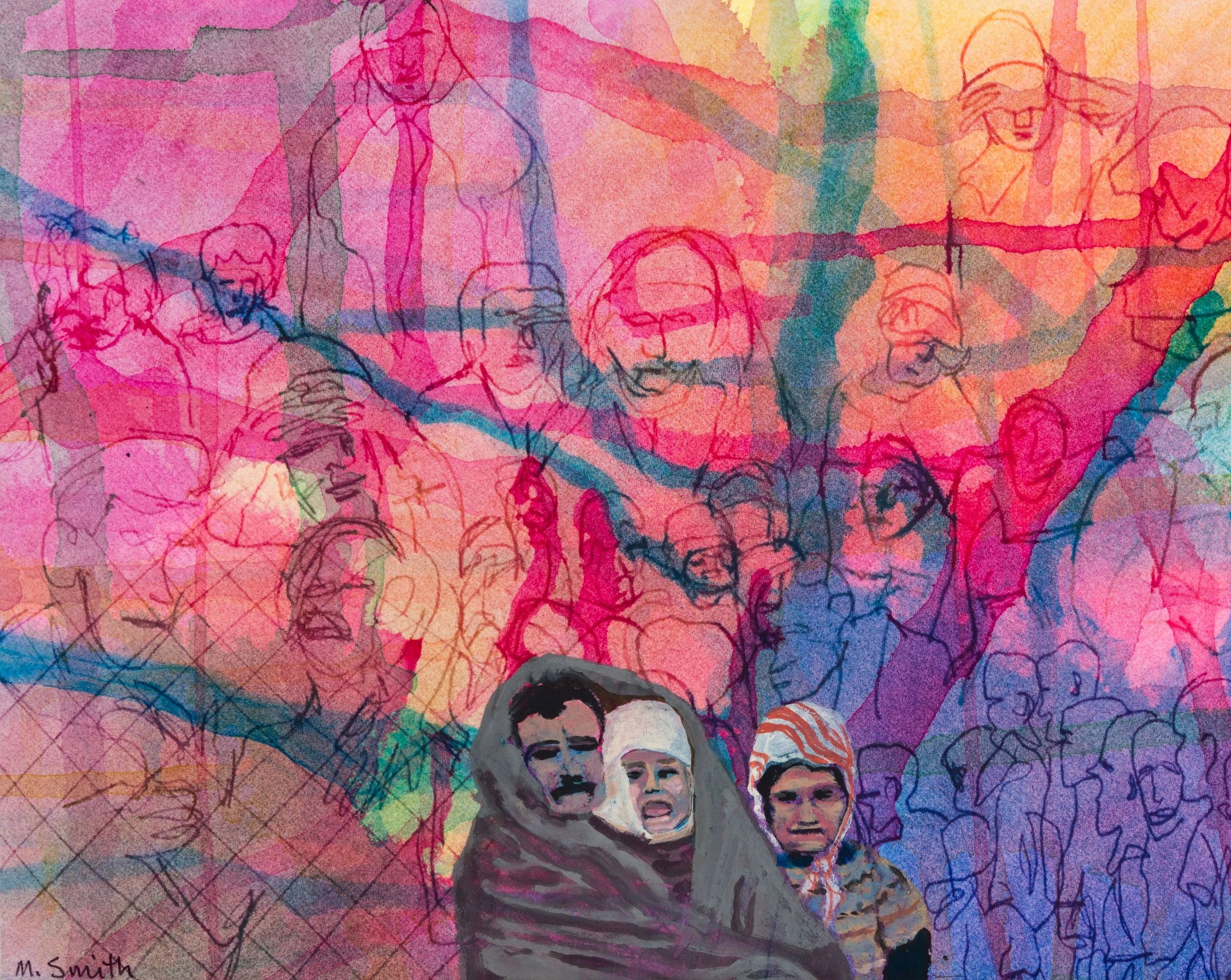 refugees painted onto an abstract background consisting of more refugees
