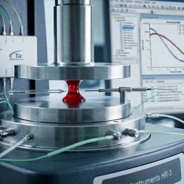 Advanced material testing machine analyzing a red sample under pressure.