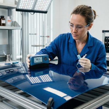 Scientist in blue lab coat testing a reflective surface with a digital device.