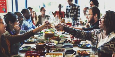 dinner table with happy people