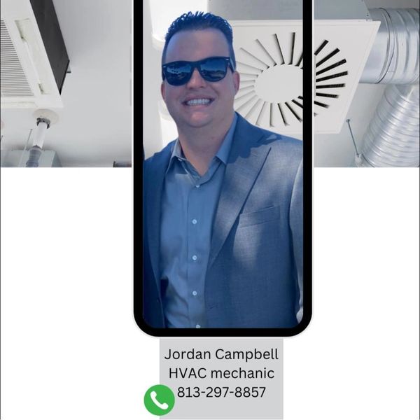 Man in sunglasses and suit smiling, with HVAC background and contact info.