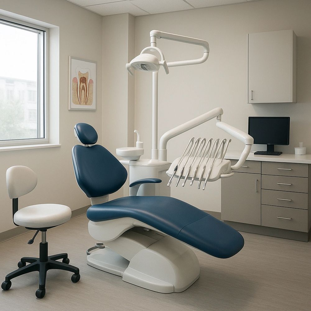Modern dental clinic with blue dental chair and equipment.