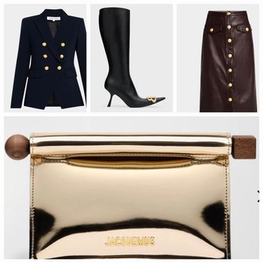 Elegant fashion pieces including a navy blazer, black boots, leather skirt, and a gold Jacquemus bag.