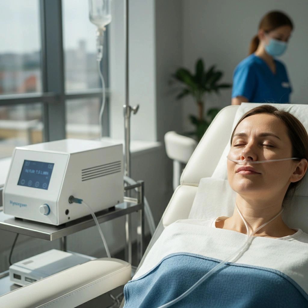 Woman with oxygen tube resting in hospital bed, nurse in background.