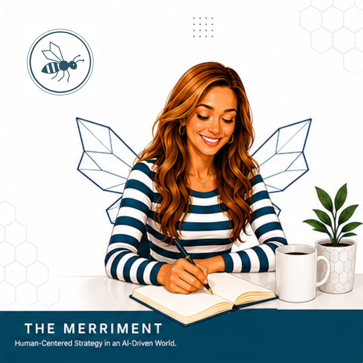 Woman with bee wings writing in a notebook with the text The Merriment below.