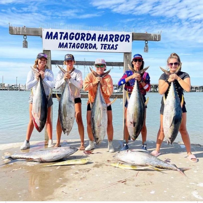 Five anglers with their large catch of fish