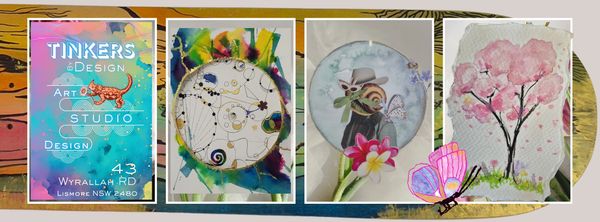 Artistic designs and paintings displayed in a creative collage.