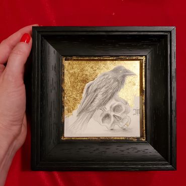 Raven drawing, poe, the raven, skull art, gold leaf art, framed art, realistic drawing, drawing.