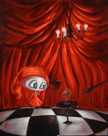 “A Date with Creeper”, oil painting on panel. Featuring my character Cherry in a lush red Room.
