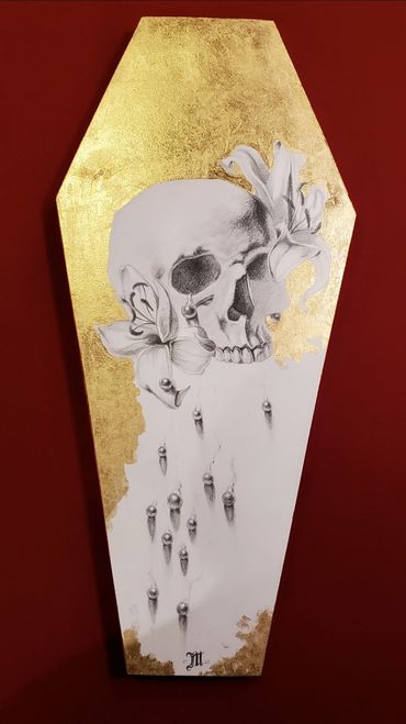 Coffin art, skull drawing, gold leaf art, art collector, drawing, still life drawing, flower drawing