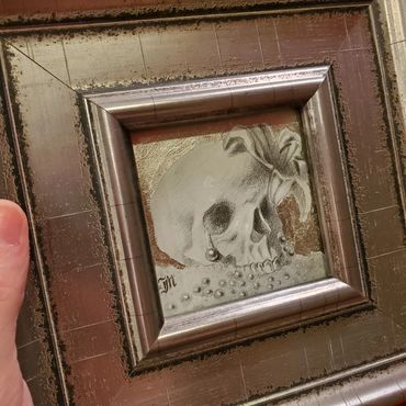 Skull art, skull drawing, framed art, realism, art collector, small artwork, tiny art, still life dr