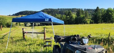 Blue canopy tent set up in a sunny grassy field with an ATV nearby.