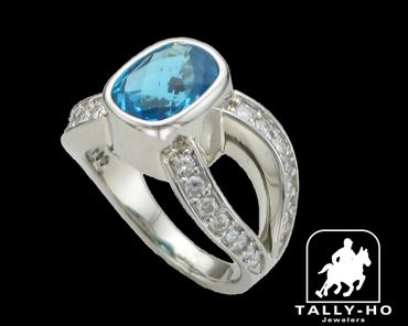 custom white gold blue topaz ring by tally ho jewelers