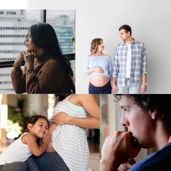 Various parents thinking about the pregnancy. A single mom, expectant dad, a family, and a couple.