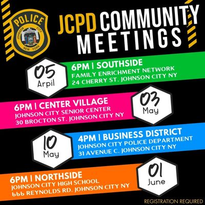 JCPD Community Meetings scheduled in different Johnson City locations from April to June.