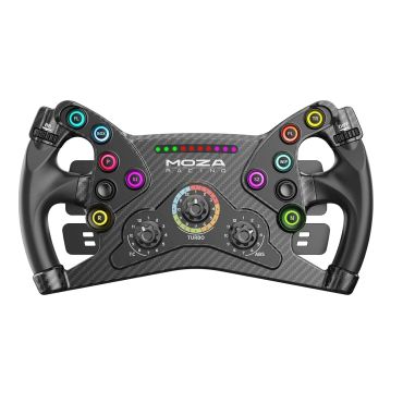Carbon fiber racing steering wheel with colorful buttons and dials.