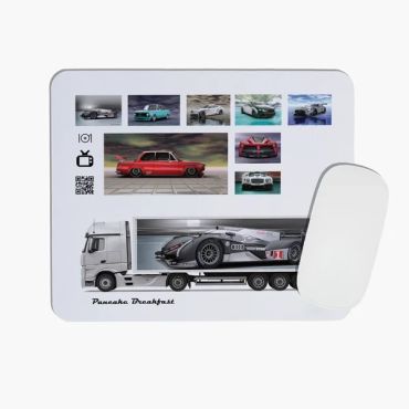 Mousepad with various car images and a truck with a race car.