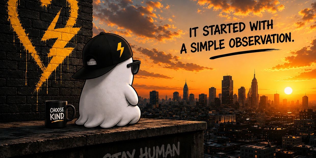 Ghost character watching sunset with urban skyline and inspiring text.
