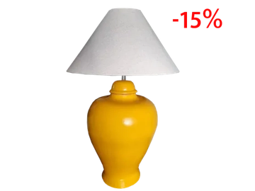 Lámpara amarilla con pantalla blanca.