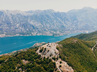 The highest peak in the Bay of Kotor. View of Tivat, Kotor and Lovcen National Park