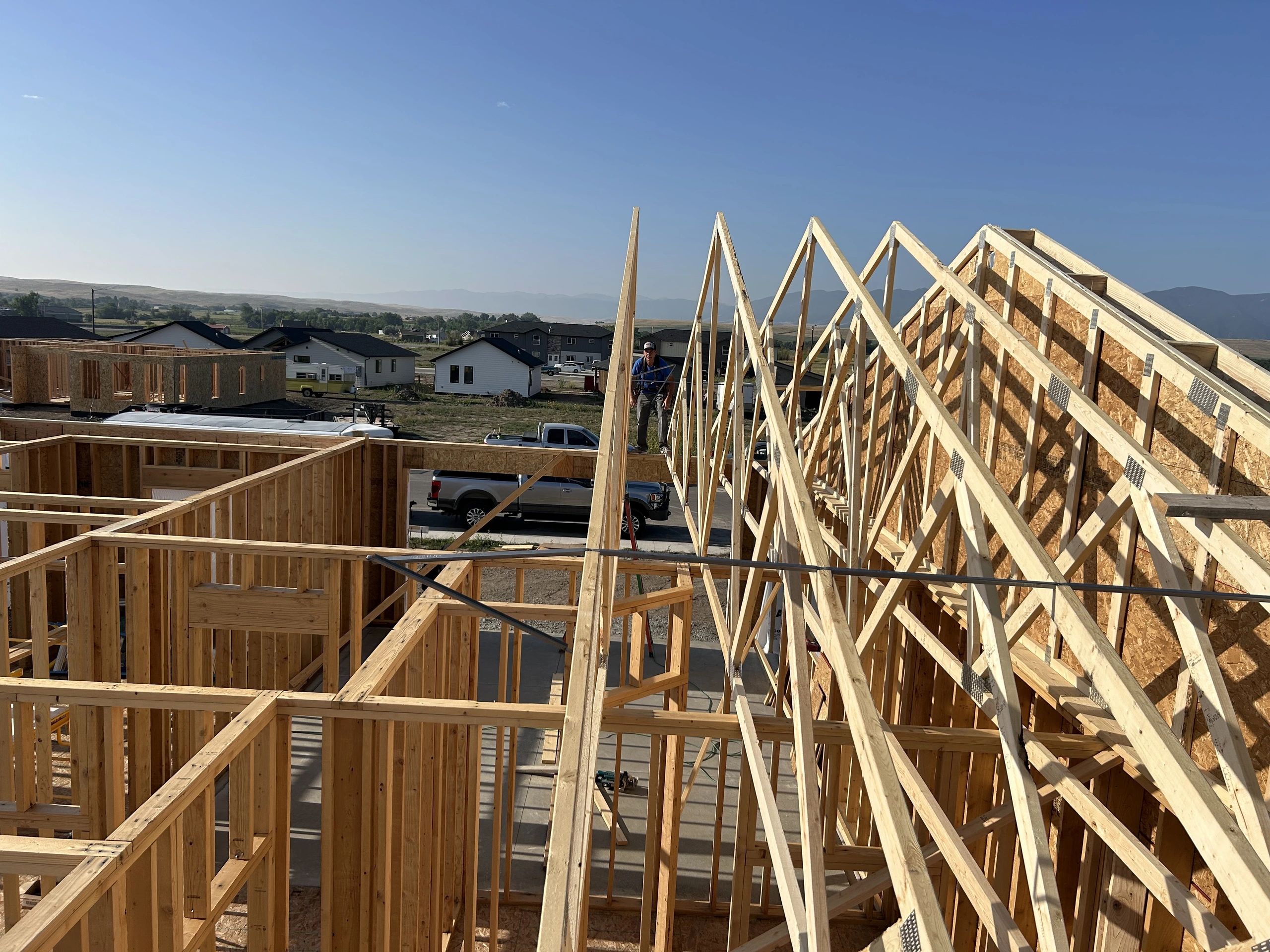 wood roof trusses on residential new construction building