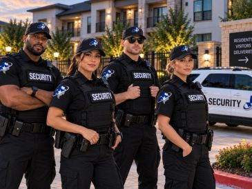 Four security guards standing confidently outside a building.