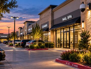 Strip mall at sunset with various stores and parked cars.