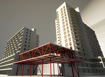 A digital rendering of two tall, white modern buildings connected by a red framed structure.