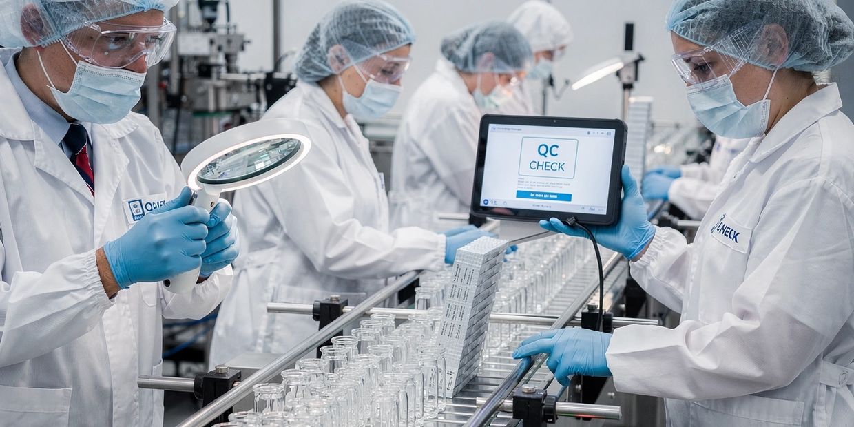 Laboratory workers in protective gear performing quality control on glass containers.