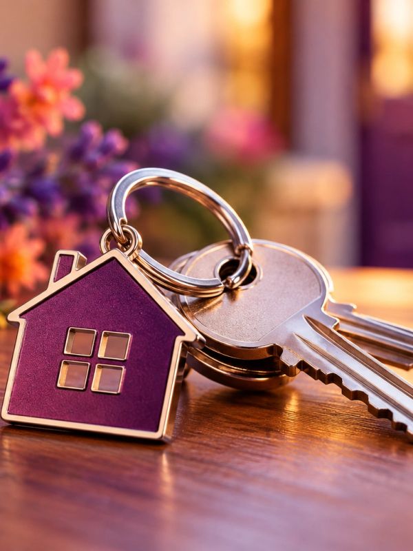 Keys with a house-shaped keychain on a wooden surface.