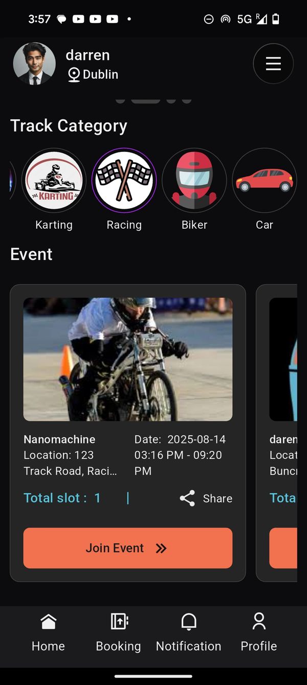 User interface showing racing event details with join option.