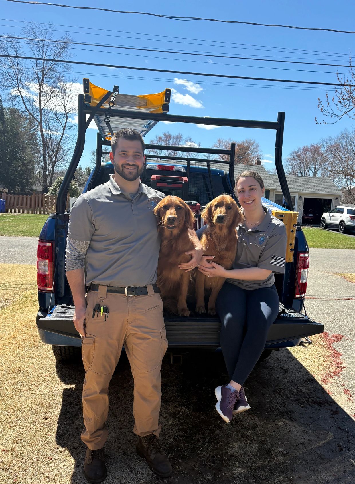 Two people with two golden retrievers sitting on a truck tailgate on a sunny day.