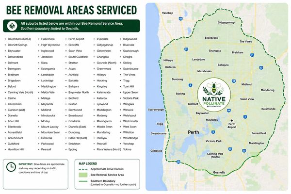 Map showing bee removal service areas around Perth, limited to Gosnells.