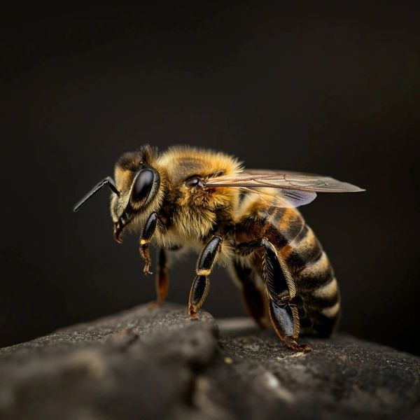 Close-up of a bee on a dark surface.