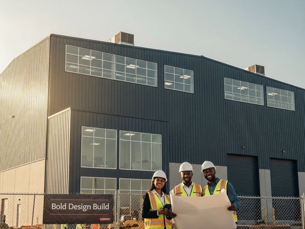 Three construction workers in safety gear reviewing blueprints outside a modern industrial building.