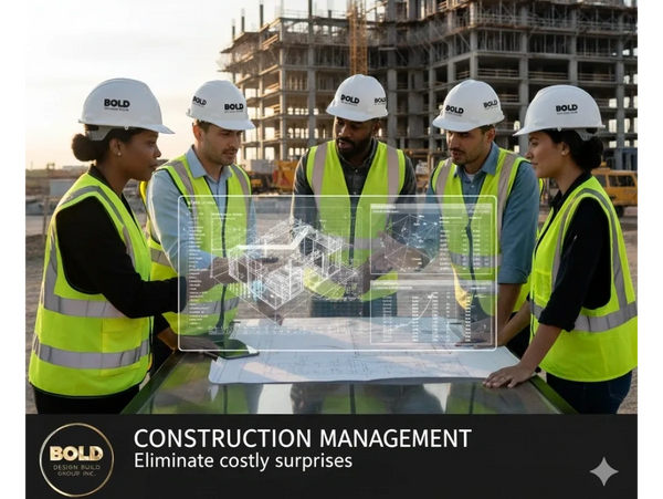 Construction team reviews plans with drone and digital overlays at site.