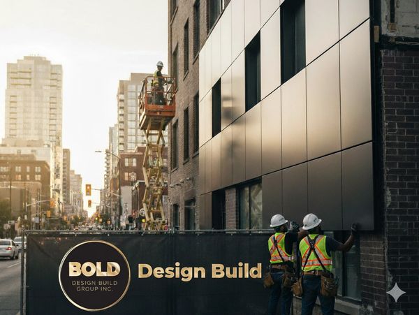 Construction workers installing panels on a building exterior in an urban area.