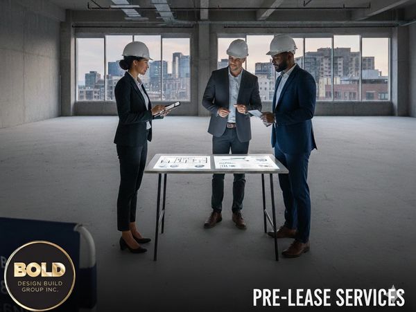 Three professionals in hard hats discussing plans in an empty building space.