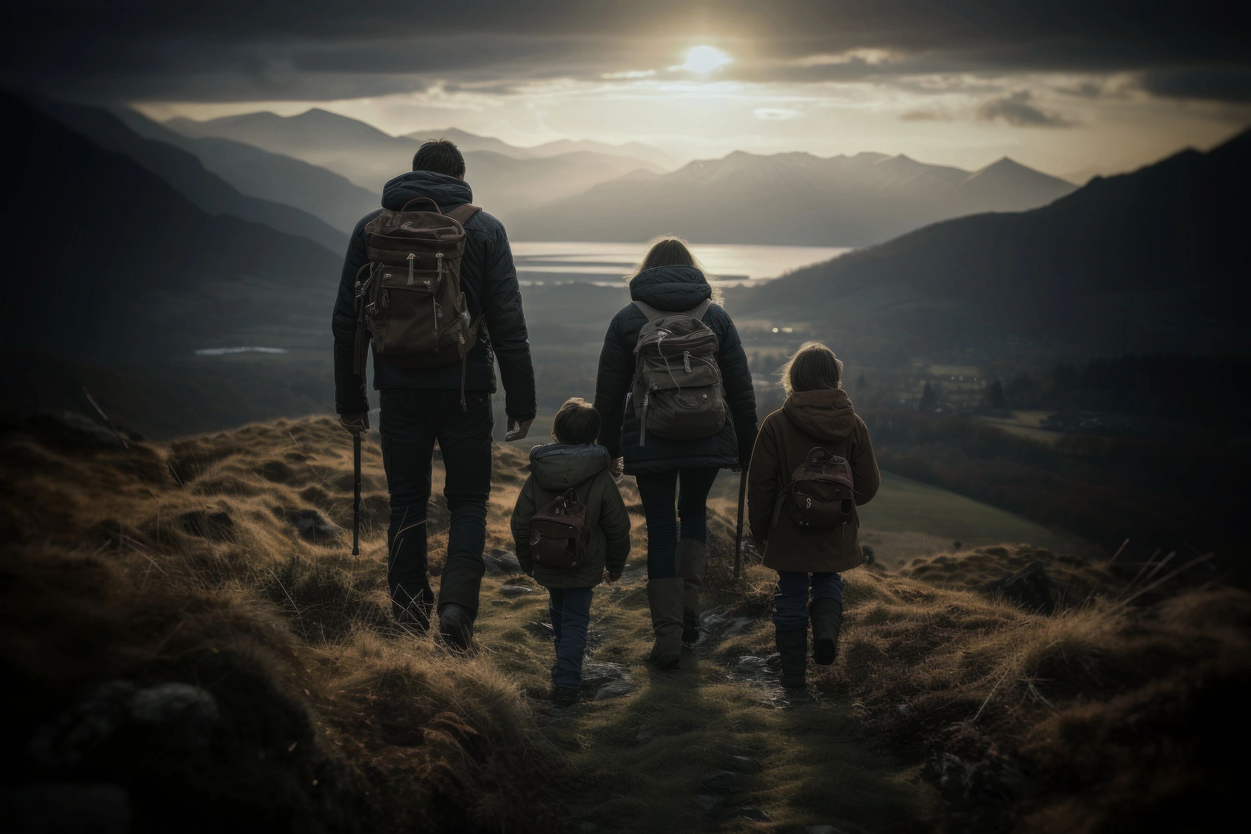 Family climbing mountain