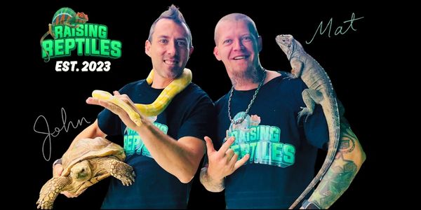 John and Mat, owners of Raising Reptiles holding reptiles with Raising Reptiles logo.