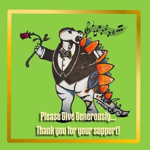 A dinosaur in a tuxedo holding a rose, singing with musical notes and a donation message.