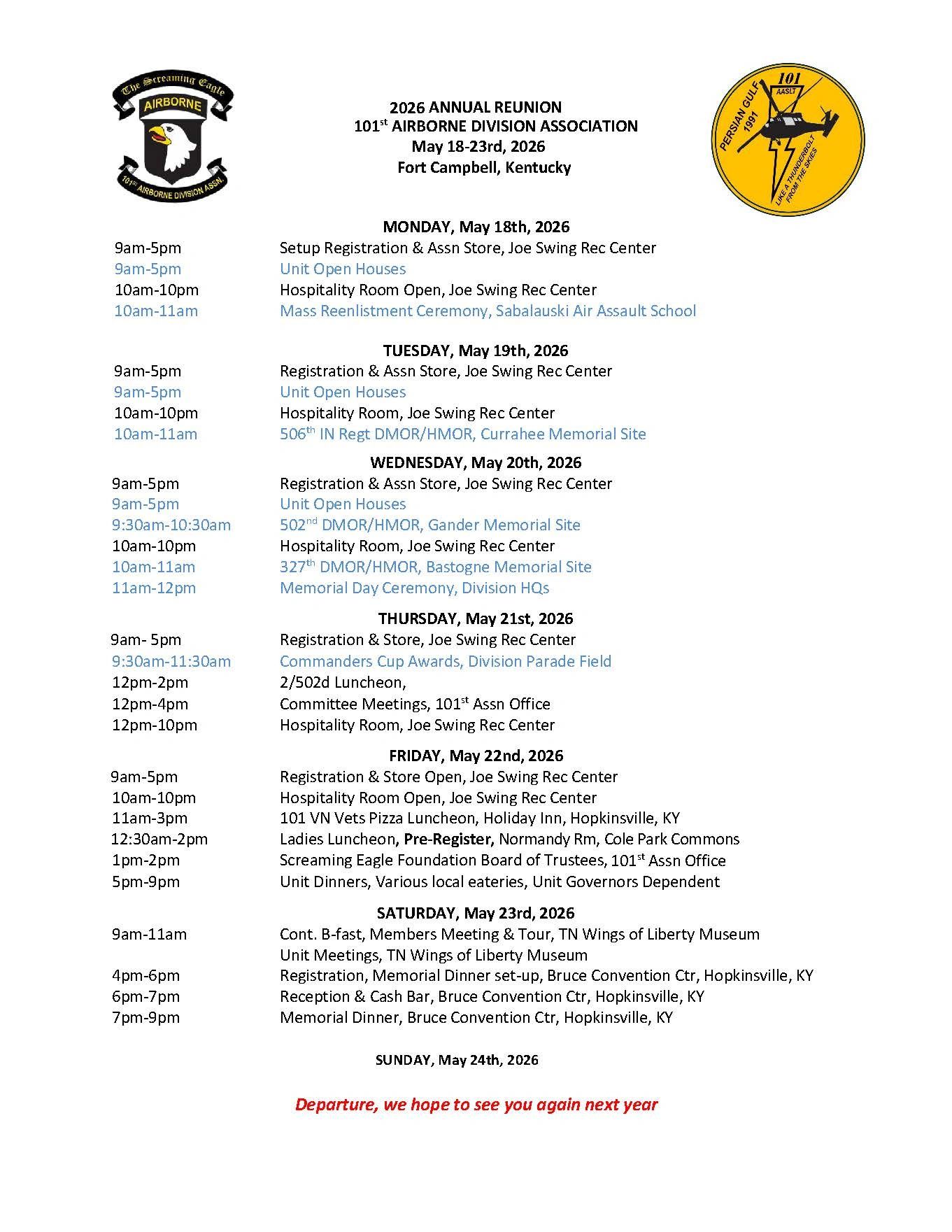 Schedule for the 2026 Annual Reunion of the 101st Airborne Division Association at Fort Campbell, Kentucky.