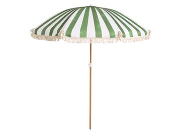 Green striped fringed parasol: garden wedding decor, brand activation hire, outdoor event Scotland.