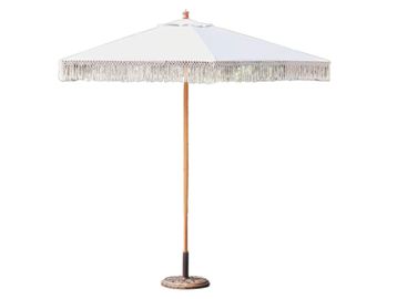 Cream fringed parasol for luxury outdoor weddings and brand activation events in Scotland.