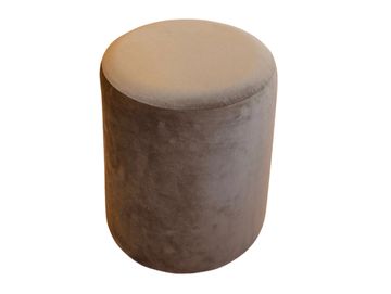 Taupe velvet cylinder footstool: luxury lounge seating hire, brand event decor, Scotland styling.