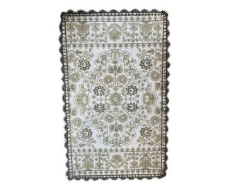 Green floral arts and crafts rug: traditional wedding aisle runner, event hire, Scotland styling.