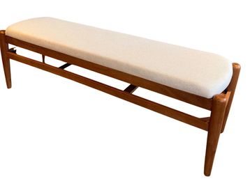 Mid-century wooden ivory bench for modern wedding ceremonies and brand activations in Scotland.