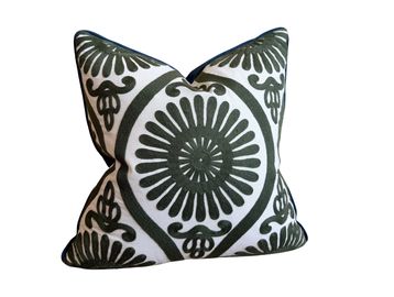 Embroidered green patterned cushion for luxury wedding lounge and brand activation hire Scotland.