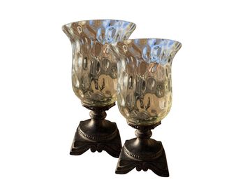 Glass storm lanterns: vintage hurricane candle holders, wedding aisle decor, Scotland event hire.